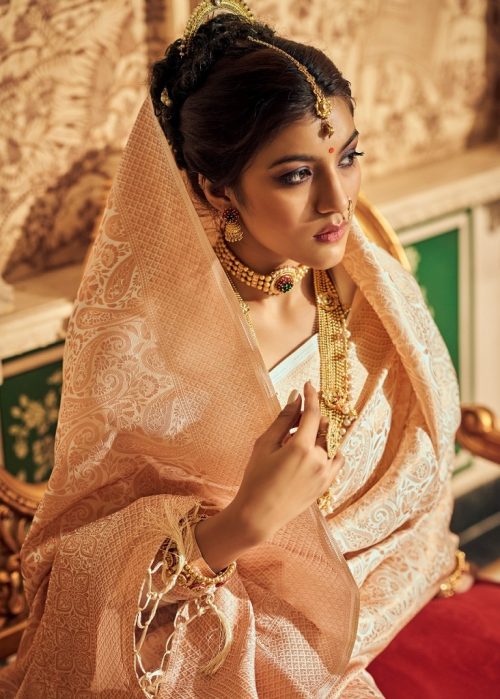Cream kanchivaram Silk Wedding Saree - Image 2